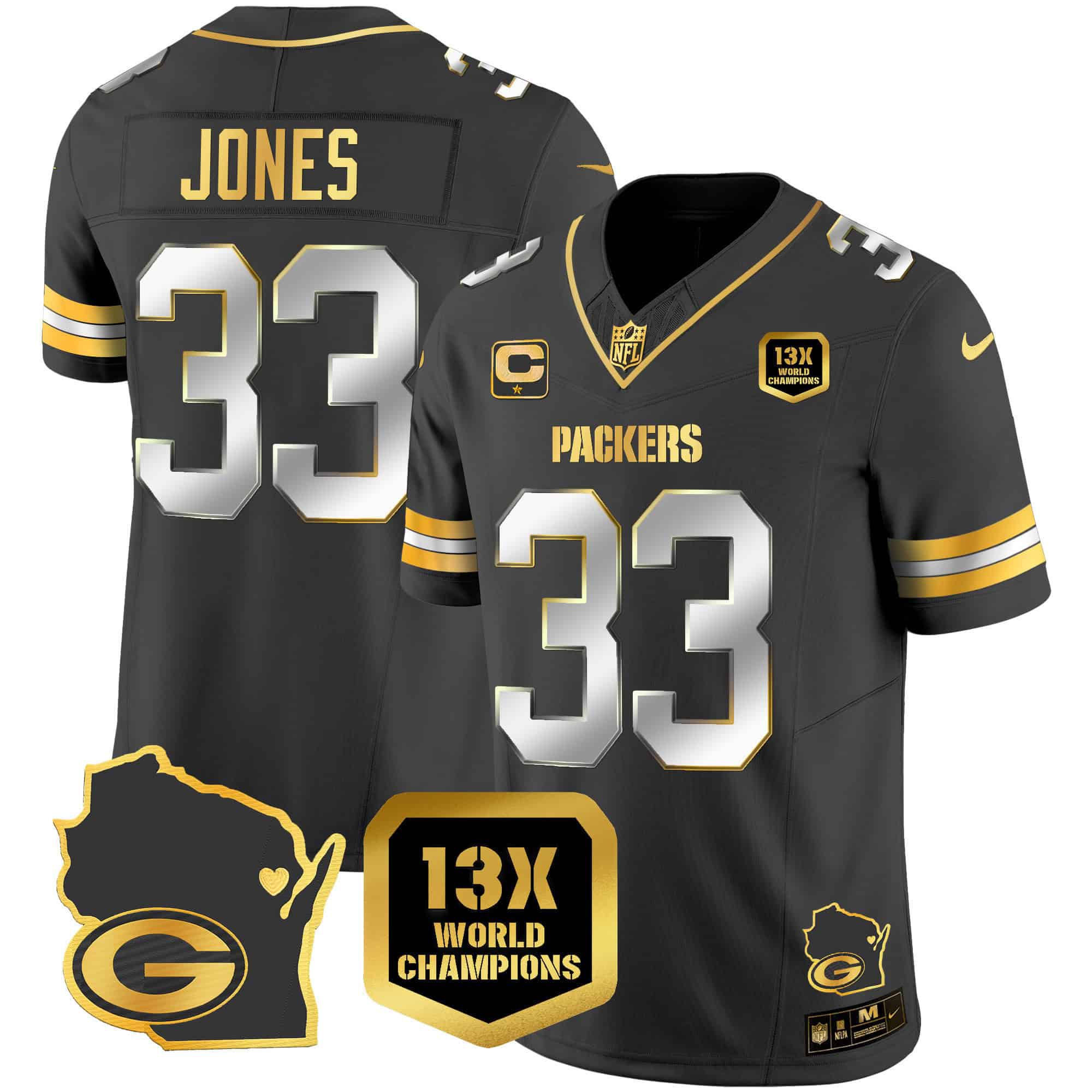 Men Green Bay Packers #33 Jones Black Gold 2024 Nike World Champions Home Patch Vapor NFL Jersey style 1